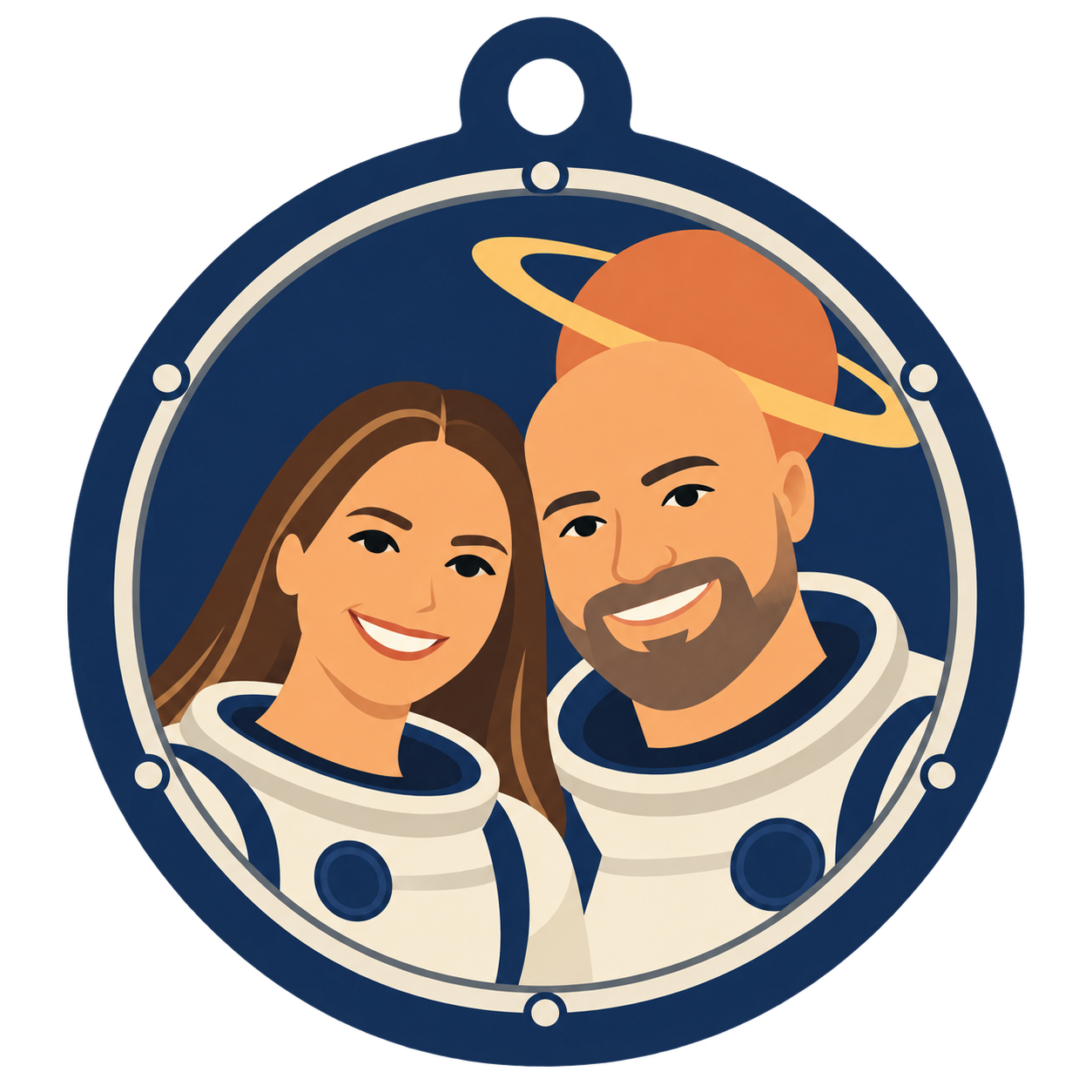 Space explorers couple portrait ornament illustration